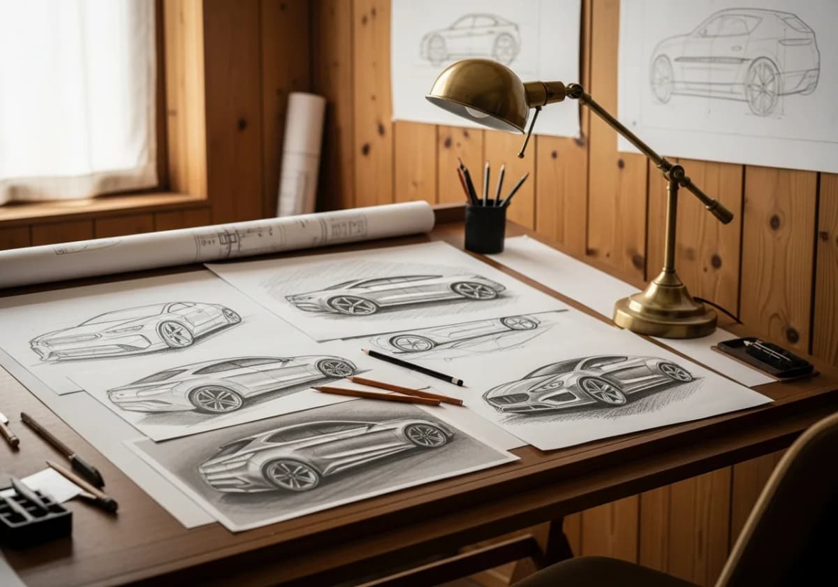 Hand-drawn automotive concept sketches on a studio drafting table