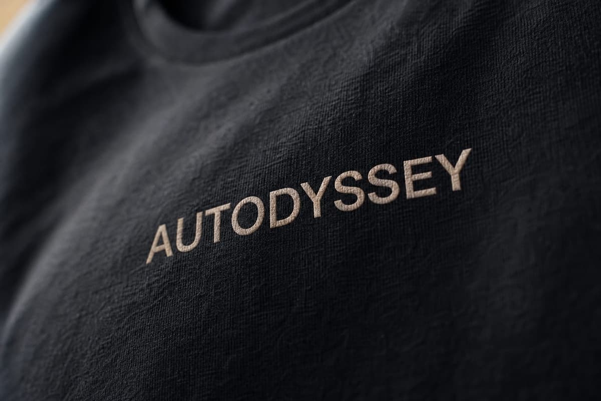 A close-up of the cream AUTODYSSEY print on black cotton jersey