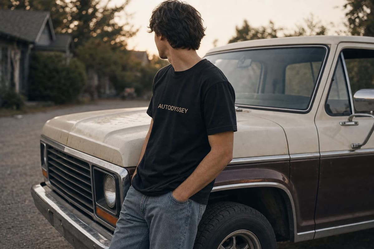 A person in the black classic tee leaning against a weathered pickup truck
