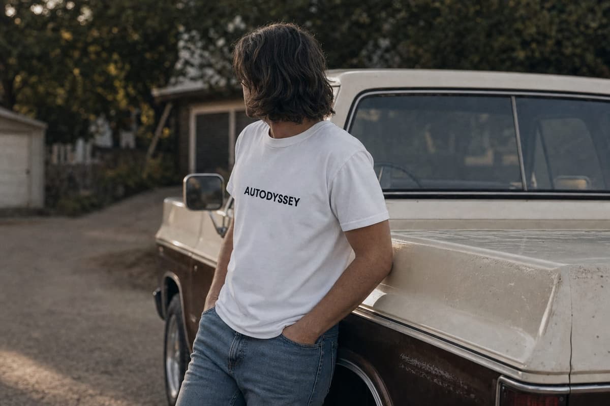 A person in the white classic tee beside a weathered classic truck