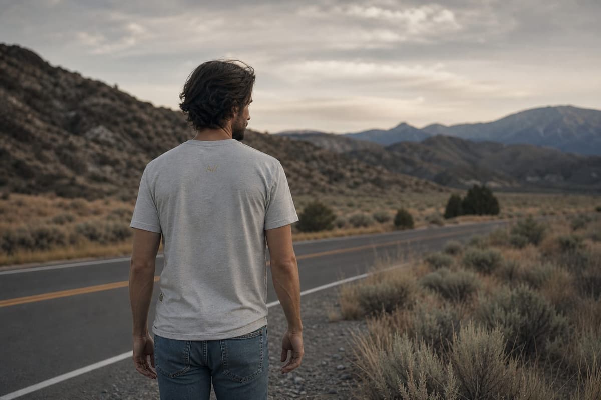 A person on a quiet road in the heather-gray AUTODYSSEY soft tee