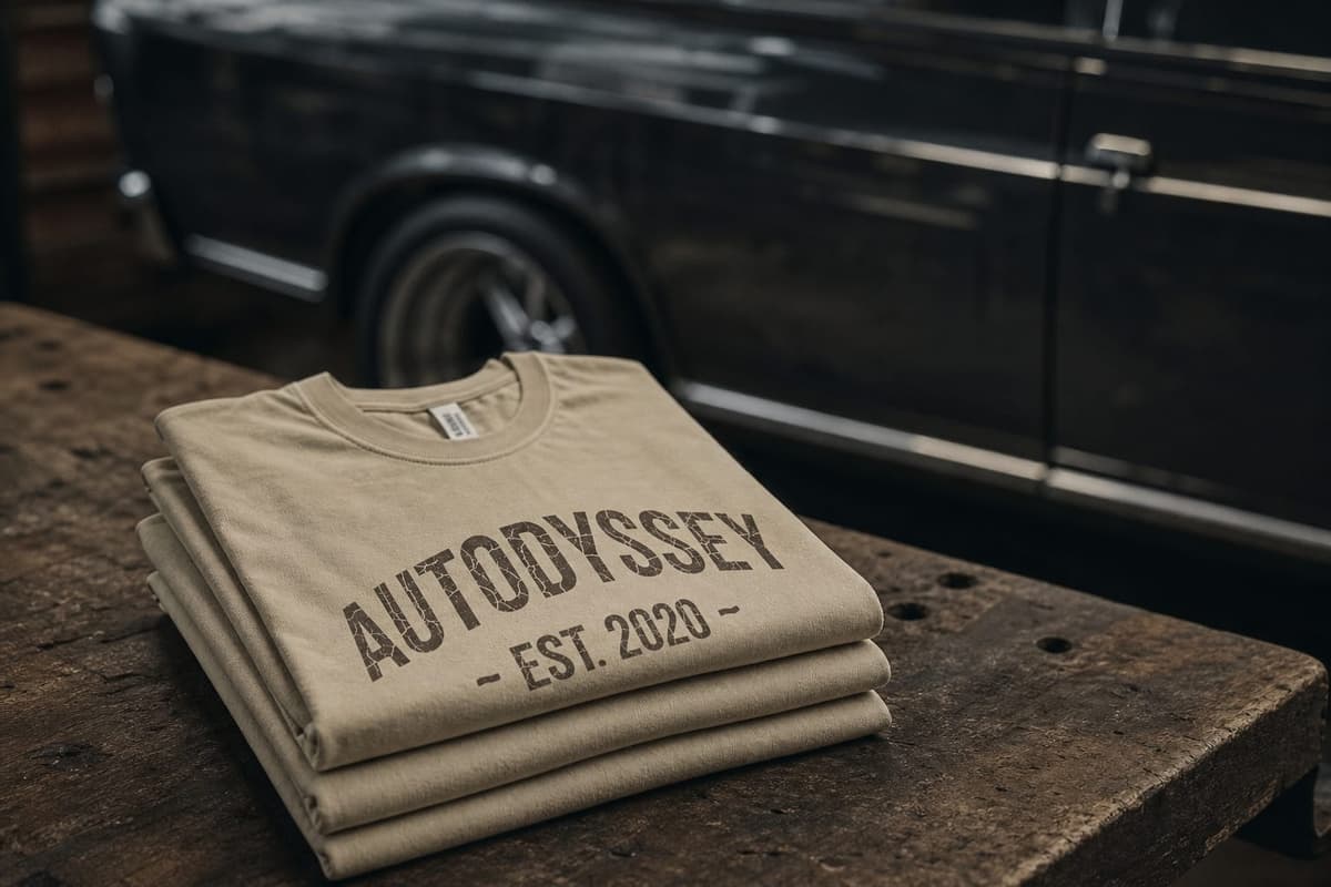 Vintage tees folded and stacked on a garage workbench