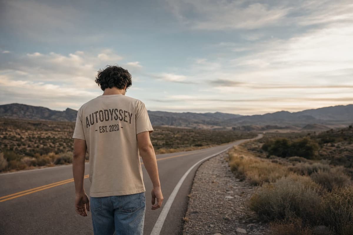 A person walking a desert road in the sand-colored AUTODYSSEY vintage tee