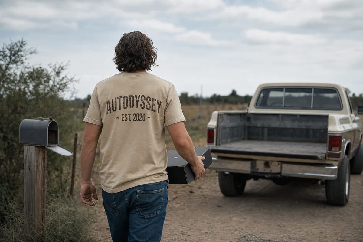 A person carrying a black box from a rural mailbox toward a pickup