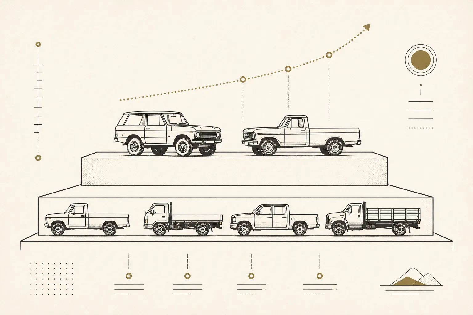 A field lineup of collectible utility vehicles from icon tier to driver tier with the price cycle marked