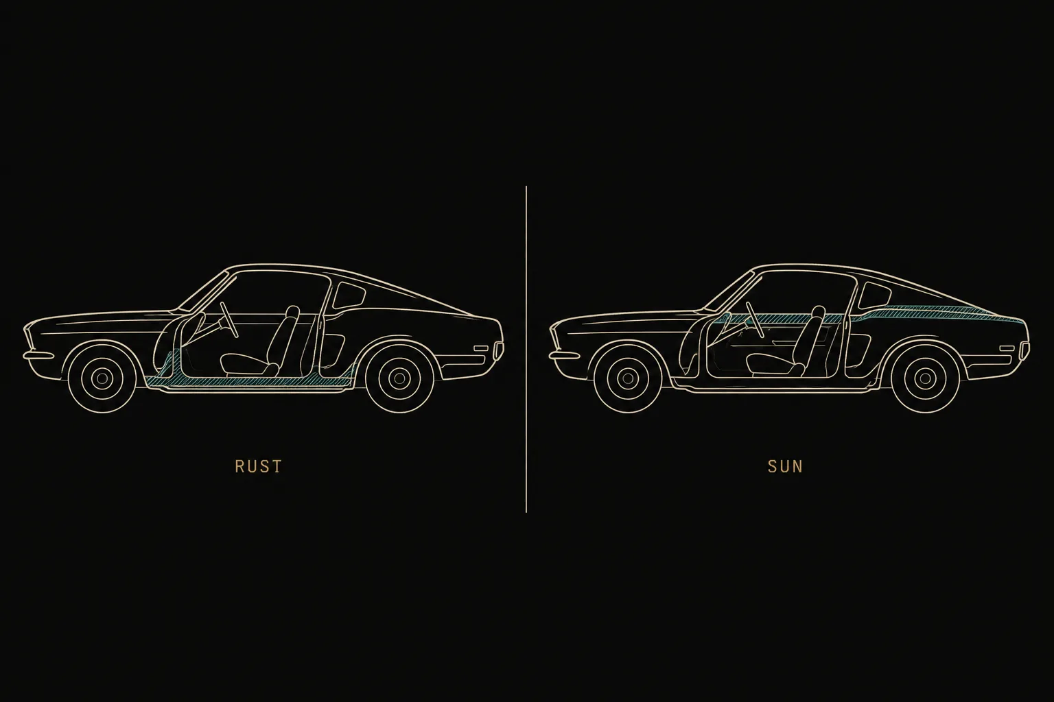 Two identical car silhouettes, one hatched along the rockers, floors, and frame rails, the other hatched across the dashboard and door tops