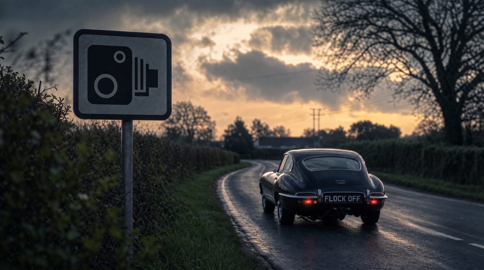 A black Jaguar E-Type with a FLOCK OFF number plate driving away down a wet country lane at dusk, past a British camera-warning sign on a pole