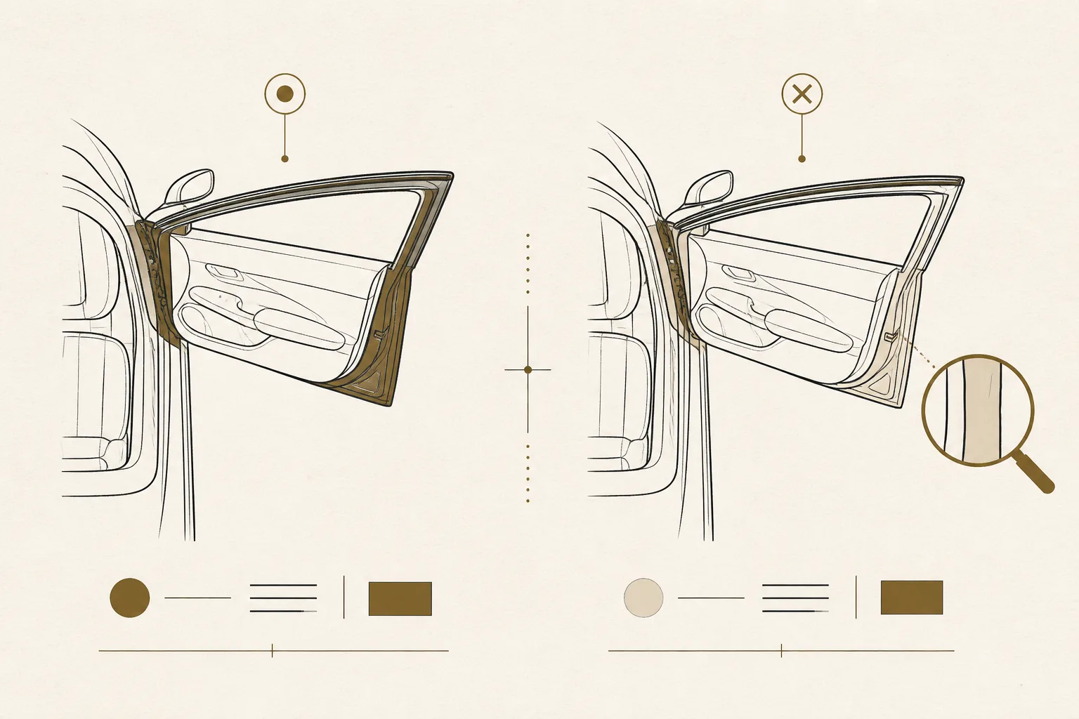 A door opened on a classic coupe showing matched paint through the jamb beside a mismatched example