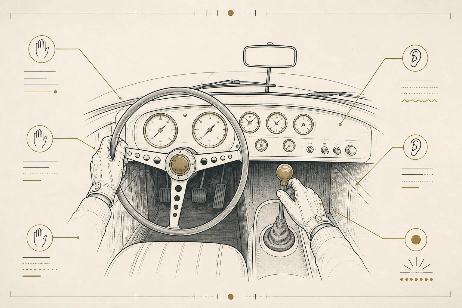 A gauge cluster and thin-rimmed wheel of a driver-focused classic viewed from the seat, controls labelled by what they communicate