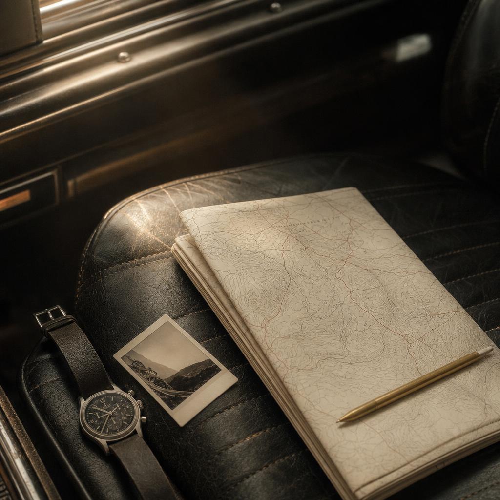 A folded map and brass pencil on the passenger seat of a classic car